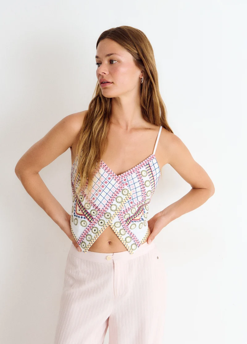 Embroidered strap top