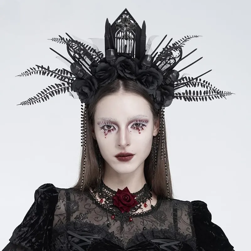 Gothic-Haarreif für Damen mit Kreuz, Rose, Perlen und Fransen