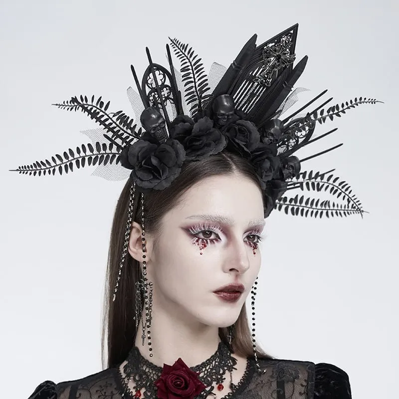Gothic-Haarreif für Damen mit Kreuz, Rose, Perlen und Fransen