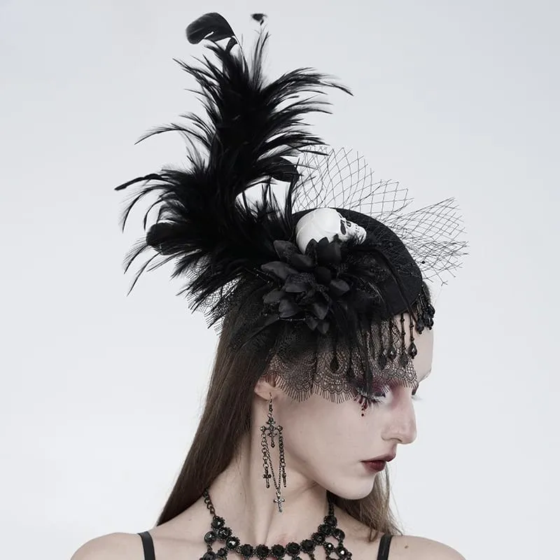 Gothic-Fascinator-Hut für Damen mit Totenkopf, Federn, Perlen und Fransen