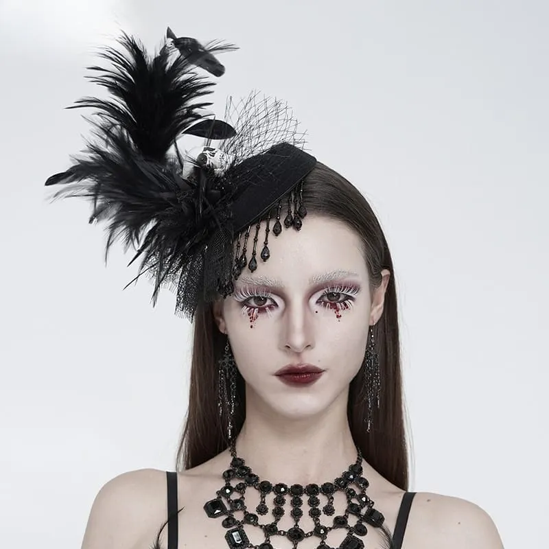 Gothic-Fascinator-Hut für Damen mit Totenkopf, Federn, Perlen und Fransen