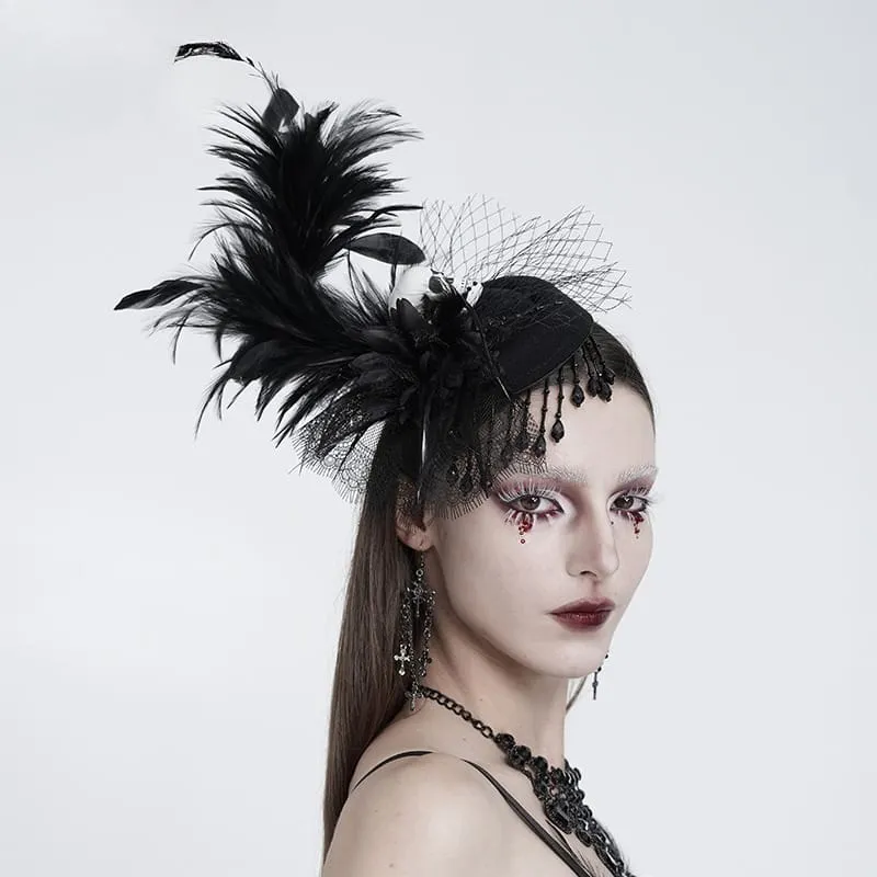 Gothic-Fascinator-Hut für Damen mit Totenkopf, Federn, Perlen und Fransen