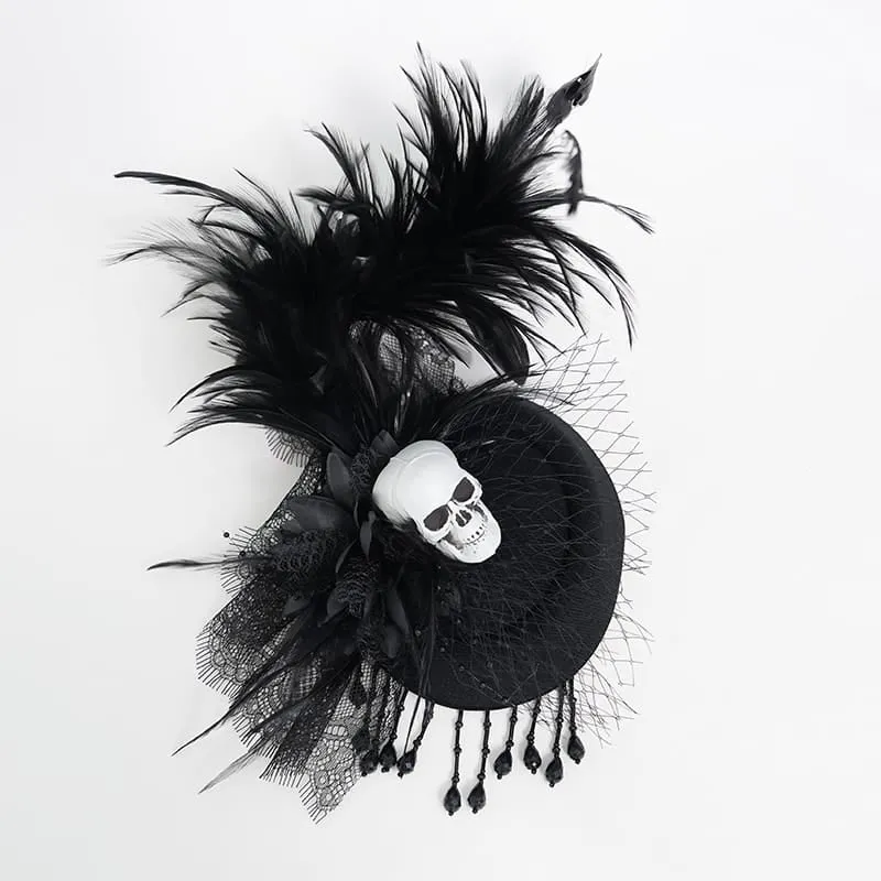 Gothic-Fascinator-Hut für Damen mit Totenkopf, Federn, Perlen und Fransen