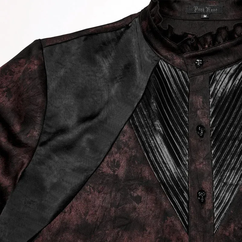Herren Gothic Rüschen Stehkragen Plissee Hemd Rot