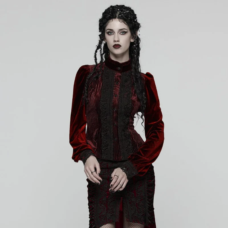 Gothic-Bluse mit Blumenstickerei und Schnürung und Puffärmeln für Damen, Rot