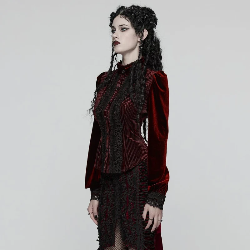 Gothic-Bluse mit Blumenstickerei und Schnürung und Puffärmeln für Damen, Rot