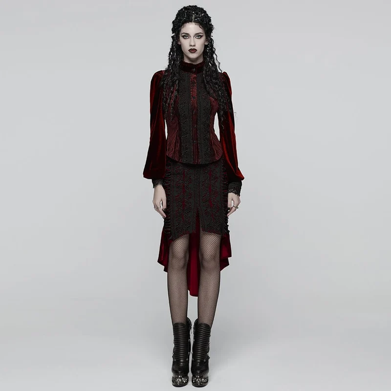 Gothic-Bluse mit Blumenstickerei und Schnürung und Puffärmeln für Damen, Rot