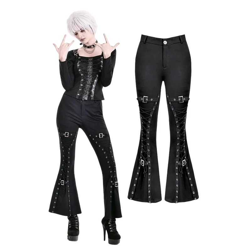 Punk-Schlaghose für Damen mit Schnallenriemen und Ösen zum Schnüren