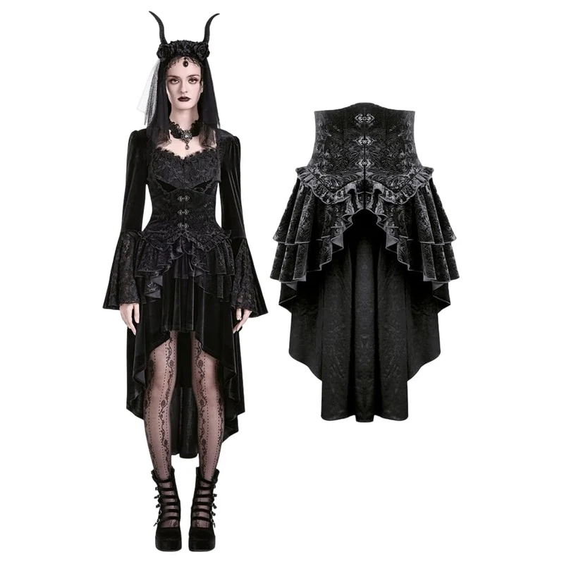 Gothic-Stufenrock aus geprägtem Samt mit Rüschen, asymmetrischem Saum und Unterbrust-Korsett für Damen