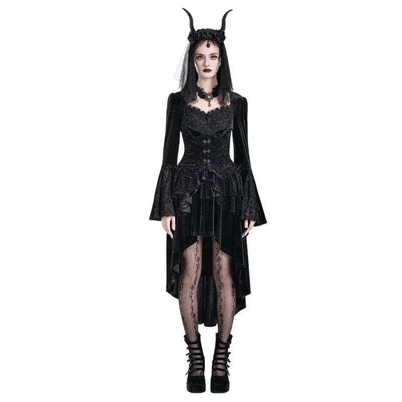 Gothic-Stufenrock aus geprägtem Samt mit Rüschen, asymmetrischem Saum und Unterbrust-Korsett für Damen