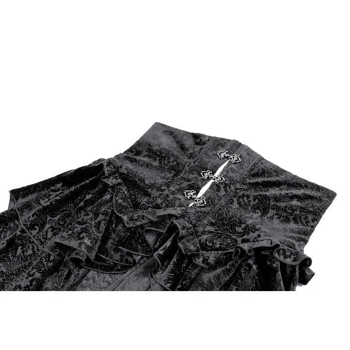 Gothic-Stufenrock aus geprägtem Samt mit Rüschen, asymmetrischem Saum und Unterbrust-Korsett für Damen