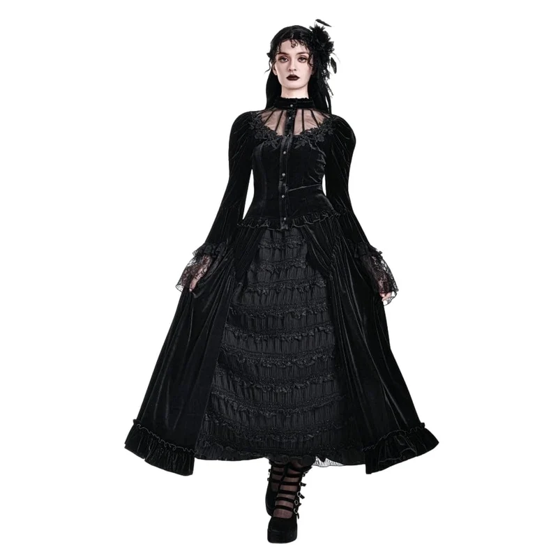 Gothic-Lagenrock aus Samt mit Falten, Mesh-Einsätzen und A-Linien-Design für Damen