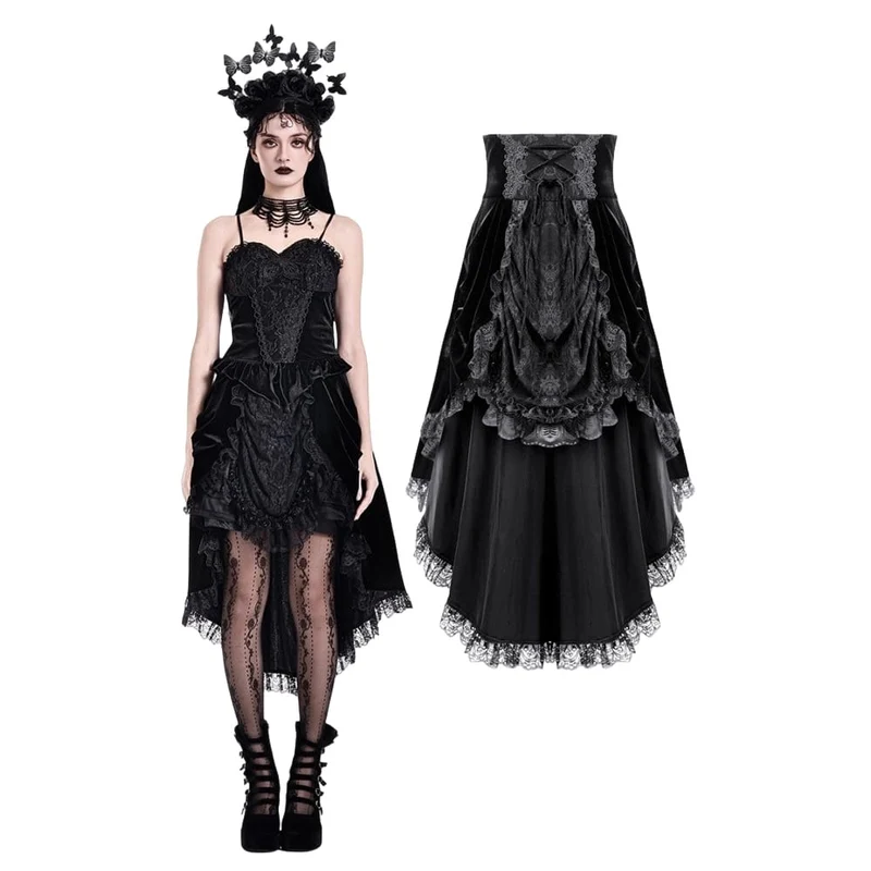 Gothic-Samtrock für Damen mit Schnürung, Rüschen und asymmetrischem Saum