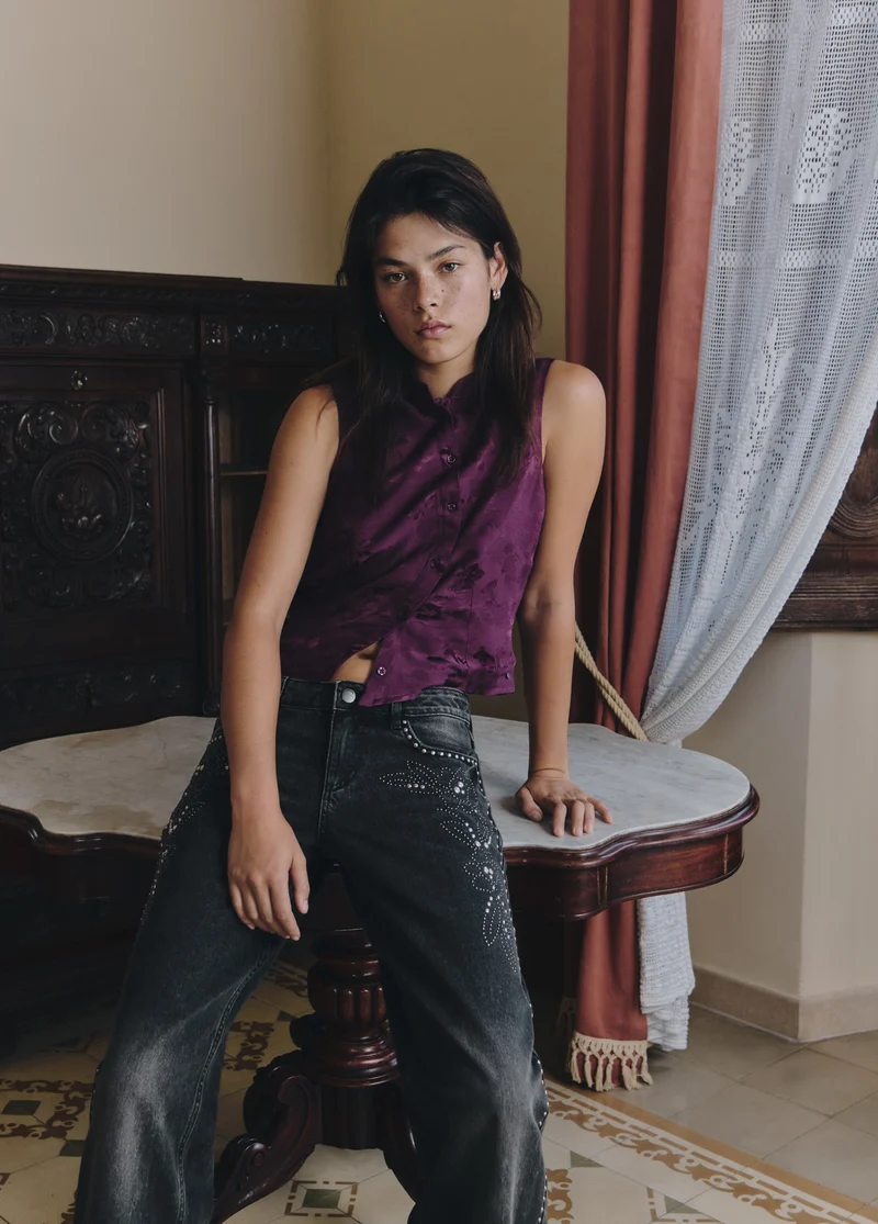 Jacquard knit button-up top