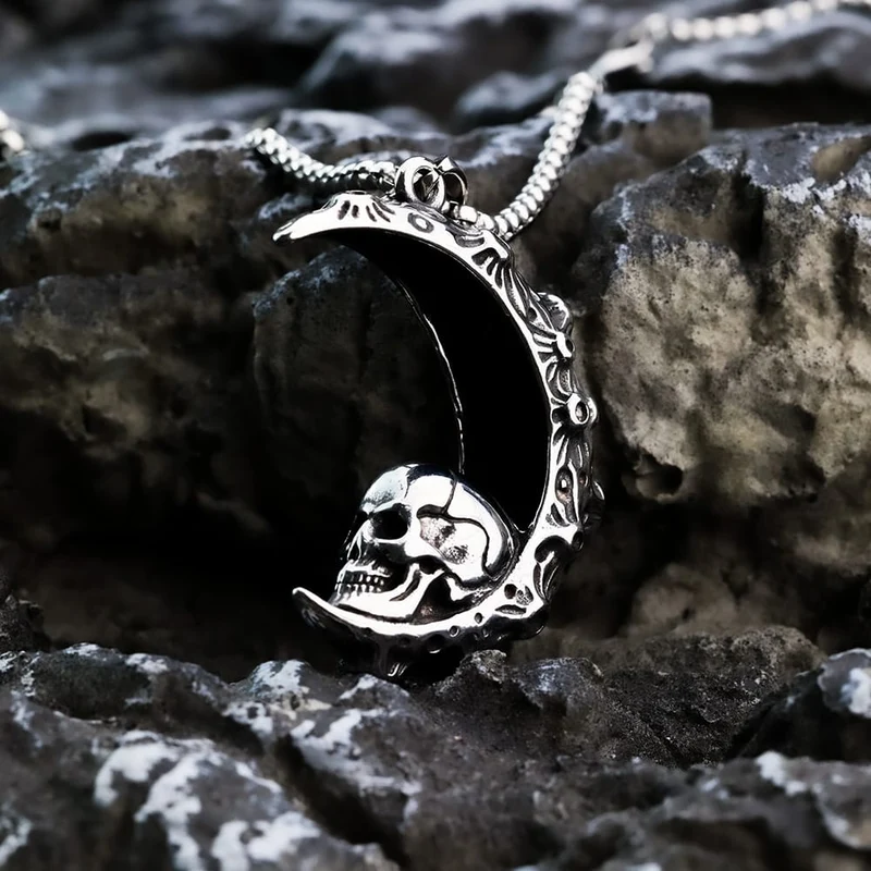 Punk-Totenkopf-Halbmond-Anhänger-Halskette für Herren