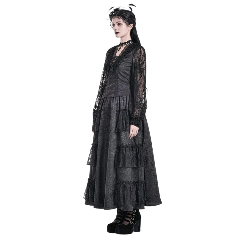 Gothic-Damen-Top mit Schnürung, Rüschen, Blumenmuster und Bischofsärmeln