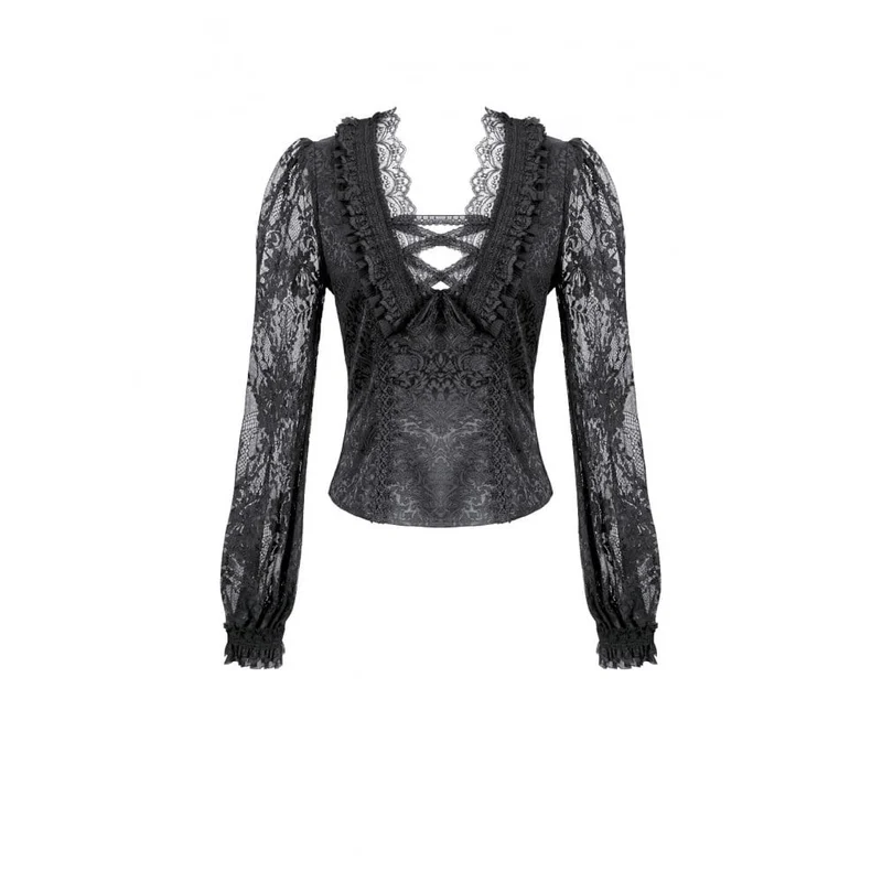 Gothic-Damen-Top mit Schnürung, Rüschen, Blumenmuster und Bischofsärmeln