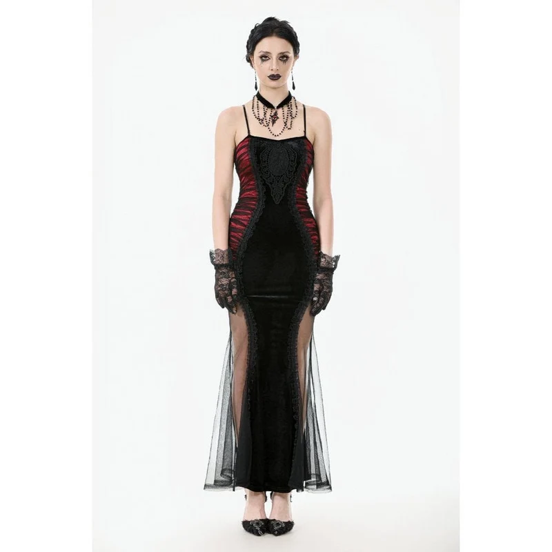 Gothic-Satinkleid aus Samt in Kontrastfarbe für Damen