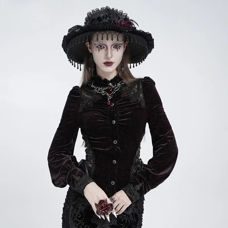 Gothic-Bluse aus Samt für Damen mit Schnürung und langen Ärmeln