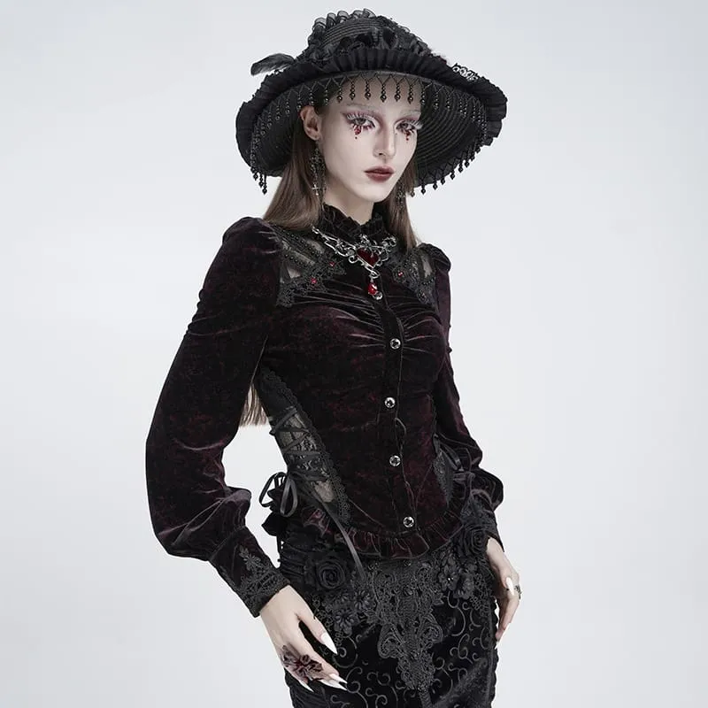 Gothic-Bluse aus Samt für Damen mit Schnürung und langen Ärmeln