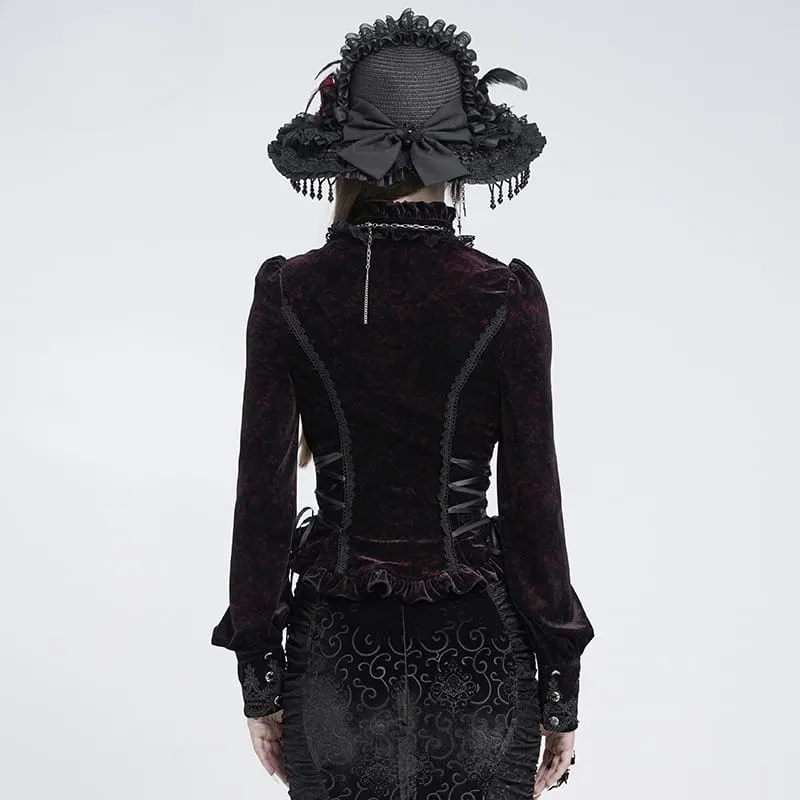 Gothic-Bluse aus Samt für Damen mit Schnürung und langen Ärmeln