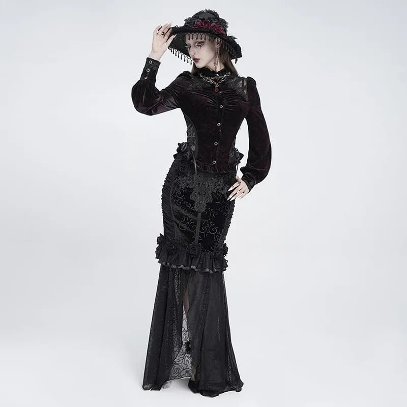 Gothic-Bluse aus Samt für Damen mit Schnürung und langen Ärmeln