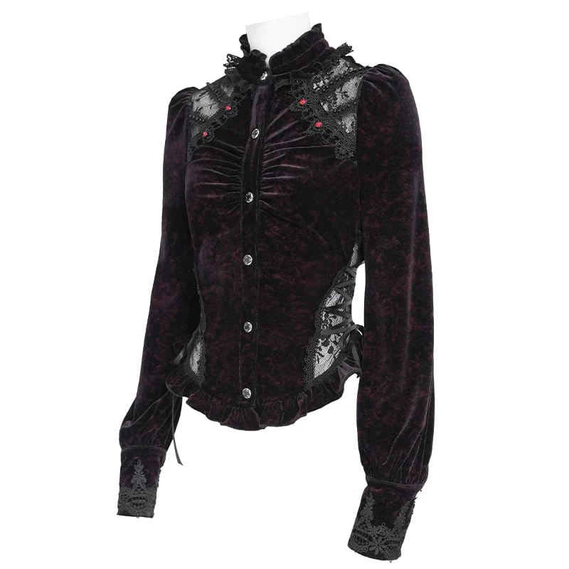 Gothic-Bluse aus Samt für Damen mit Schnürung und langen Ärmeln