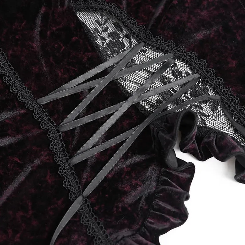 Gothic-Bluse aus Samt für Damen mit Schnürung und langen Ärmeln