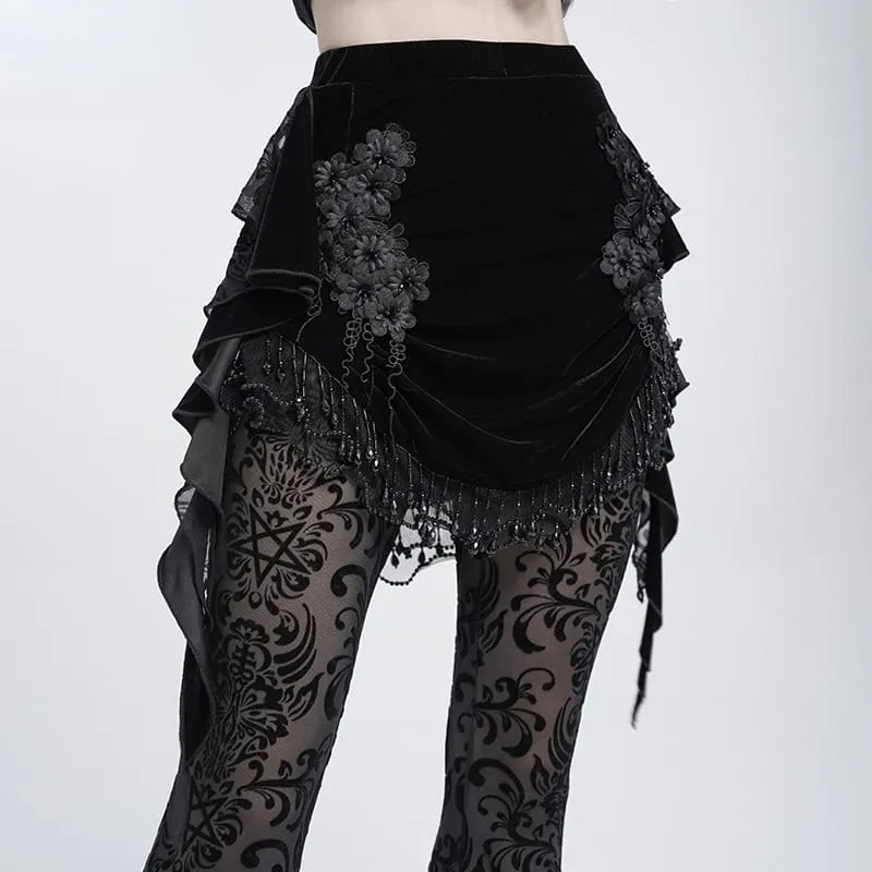 Gothic-Samtrock für Damen mit Blumenmuster, Perlenfransen und Bändern
