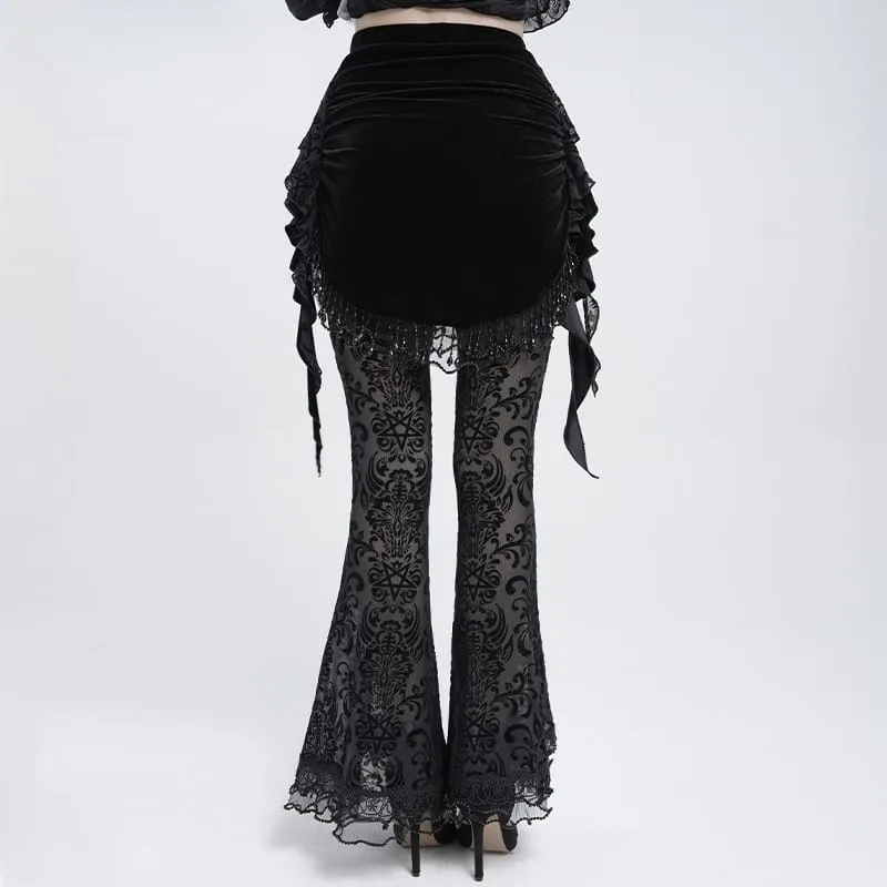 Gothic-Samtrock für Damen mit Blumenmuster, Perlenfransen und Bändern