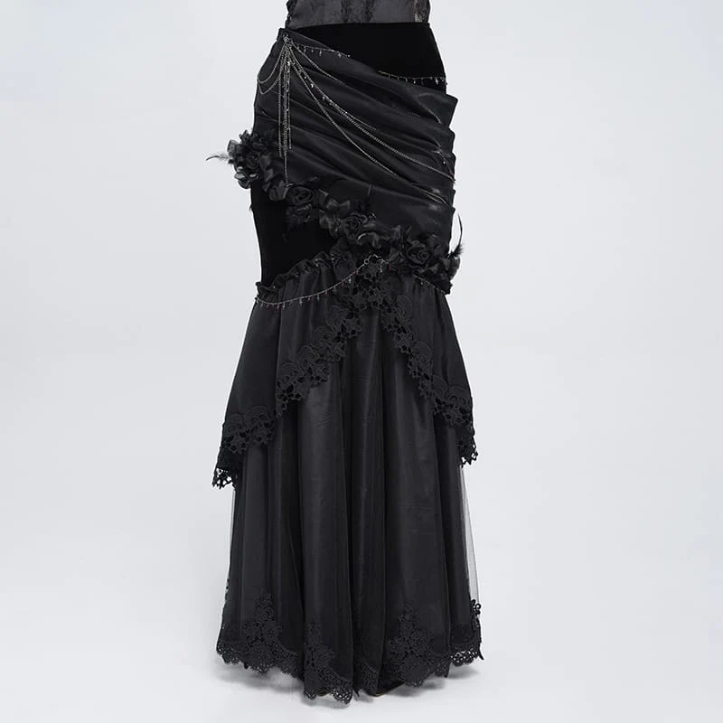 Gothic-Rock mit Rosenkette, asymmetrischem Faltenrock im Meerjungfrauenstil für Damen