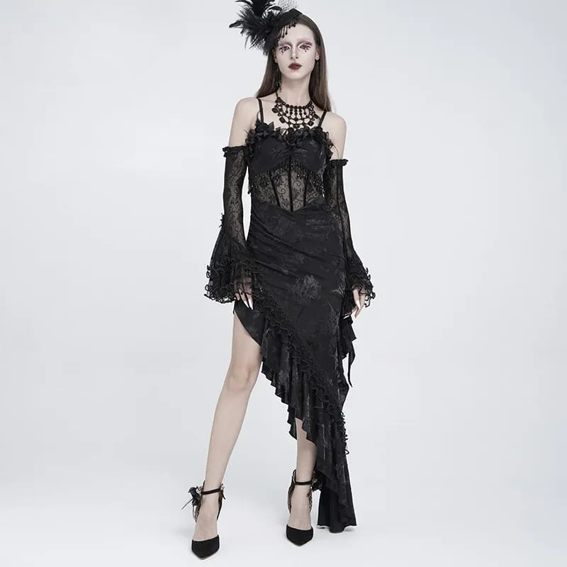 Gothic-Kleid für Damen mit Rosenrüschen, Perlenfransen und asymmetrischem Saum – Abschlusskleid