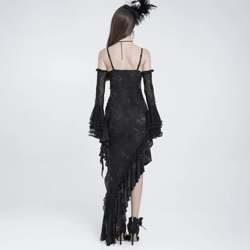 Gothic-Kleid für Damen mit Rosenrüschen, Perlenfransen und asymmetrischem Saum – Abschlusskleid