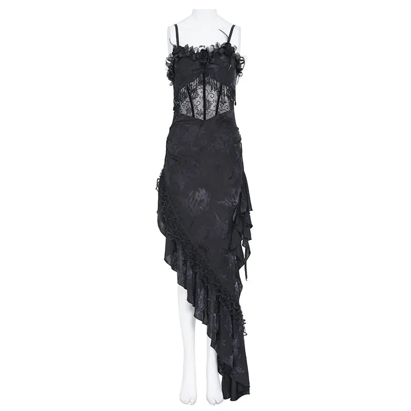 Gothic-Kleid für Damen mit Rosenrüschen, Perlenfransen und asymmetrischem Saum – Abschlusskleid