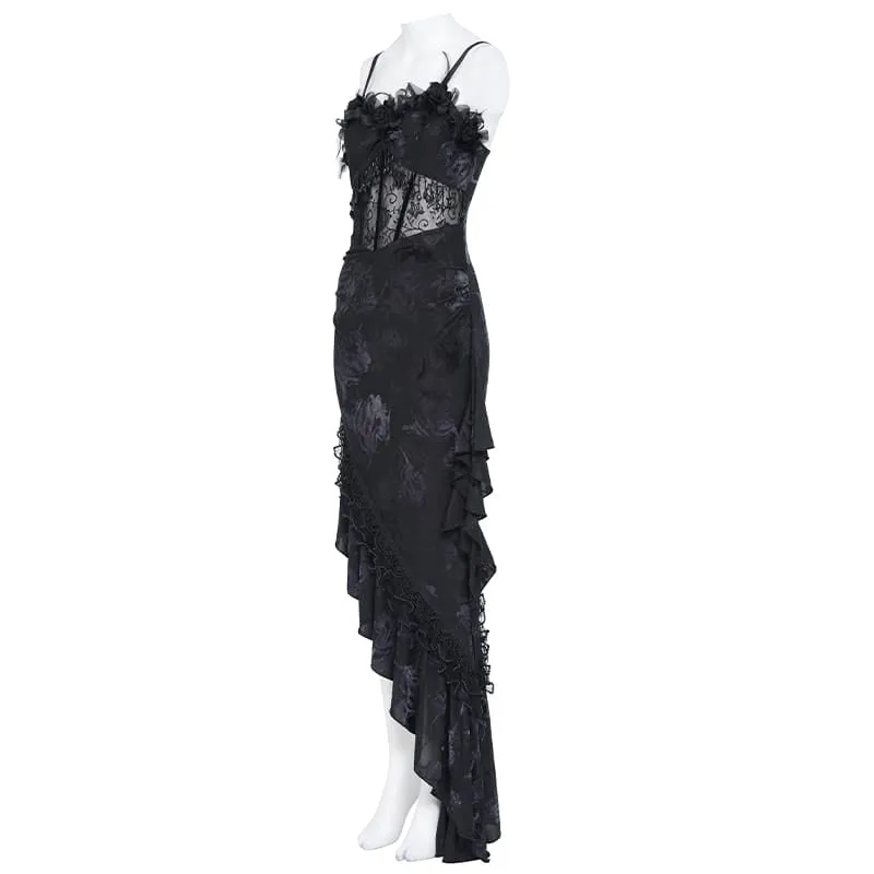 Gothic-Kleid für Damen mit Rosenrüschen, Perlenfransen und asymmetrischem Saum – Abschlusskleid