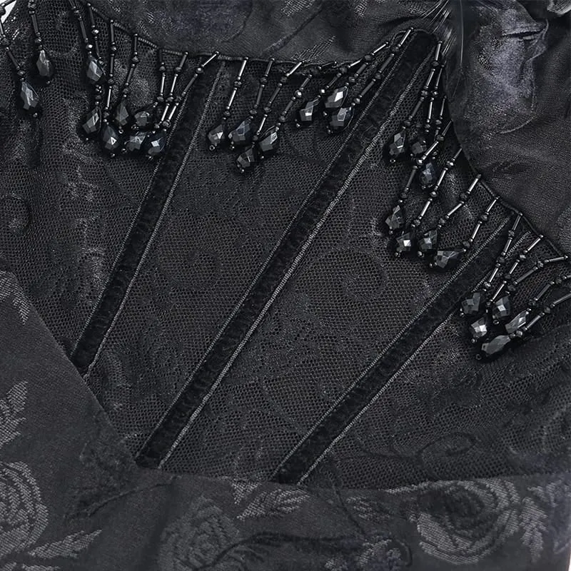 Gothic-Kleid für Damen mit Rosenrüschen, Perlenfransen und asymmetrischem Saum – Abschlusskleid