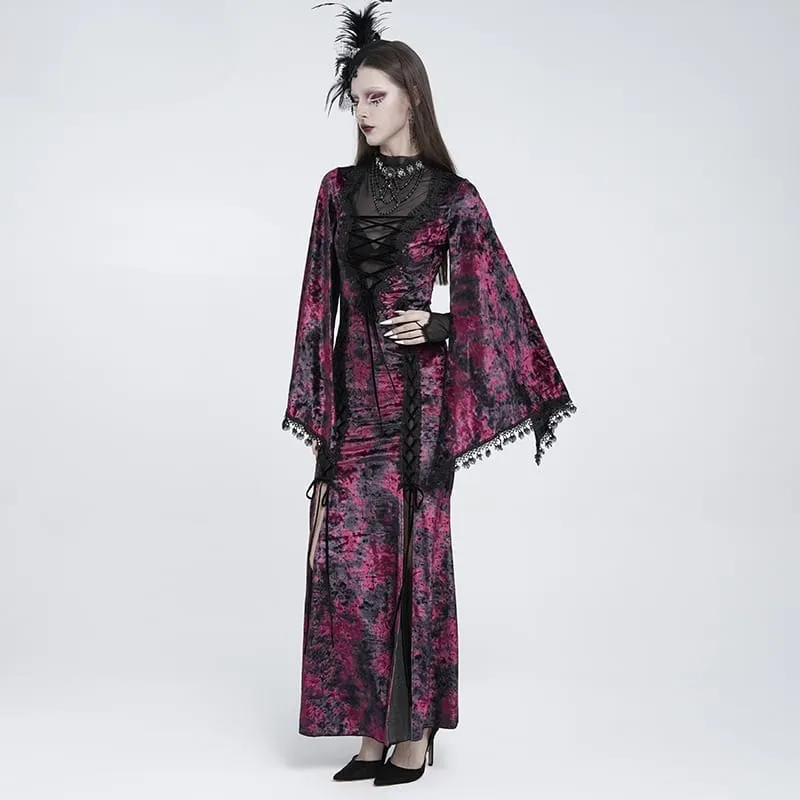 Gothic-Maxikleid aus Samt mit Schnürung, Mesh-Einsätzen, tiefem V-Ausschnitt und schwarzer/roter Farbkombination – ideal als Hochzeitskleid.