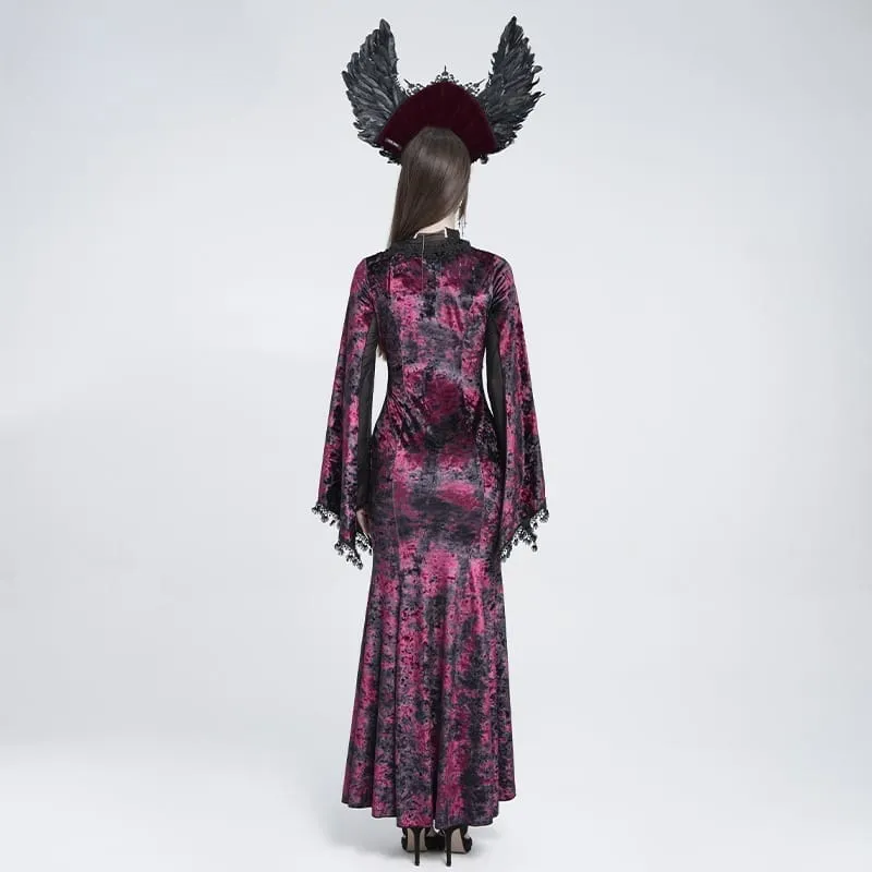 Gothic-Maxikleid aus Samt mit Schnürung, Mesh-Einsätzen, tiefem V-Ausschnitt und schwarzer/roter Farbkombination – ideal als Hochzeitskleid.