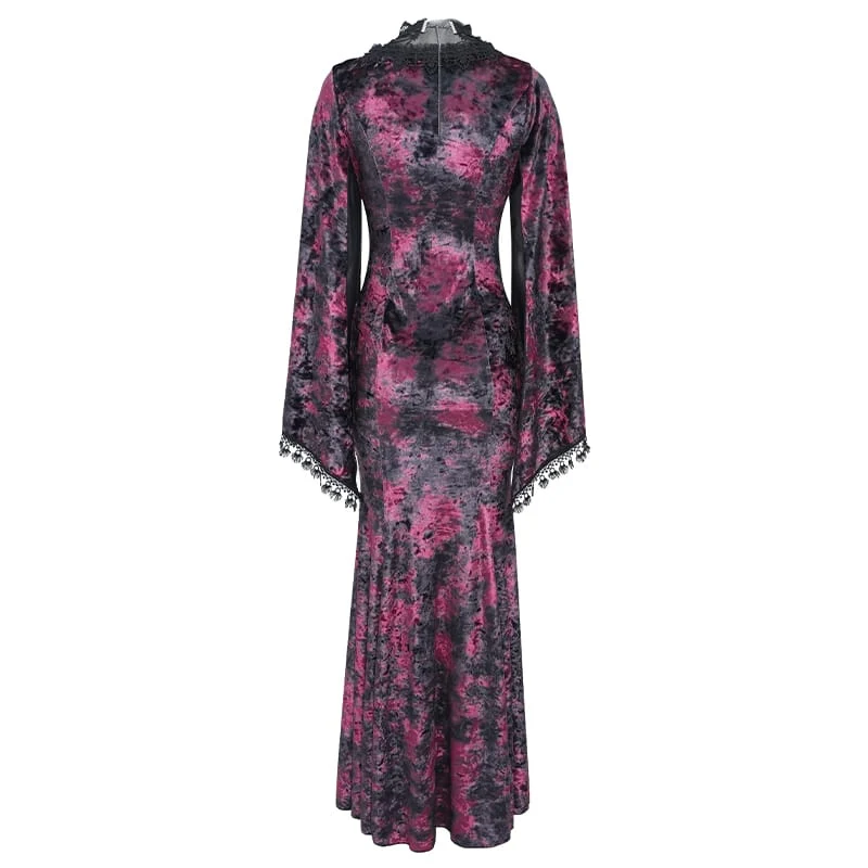 Gothic-Maxikleid aus Samt mit Schnürung, Mesh-Einsätzen, tiefem V-Ausschnitt und schwarzer/roter Farbkombination – ideal als Hochzeitskleid.