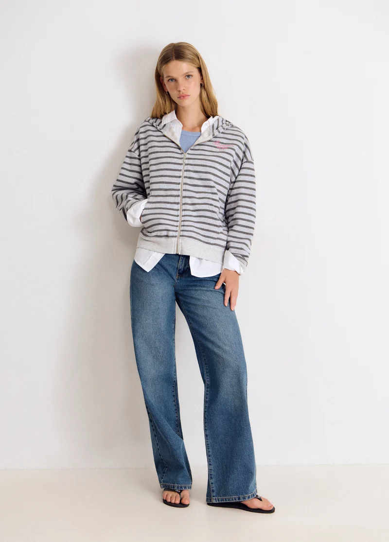 Striped zip-up sweatshirt with embroidery