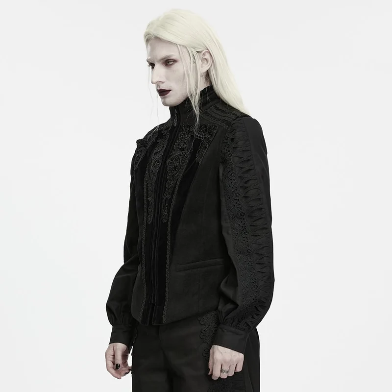Schwarze Herrenweste im Gothic-Stil mit Spitzenapplikationen, Frontreißverschluss und Stehkragen