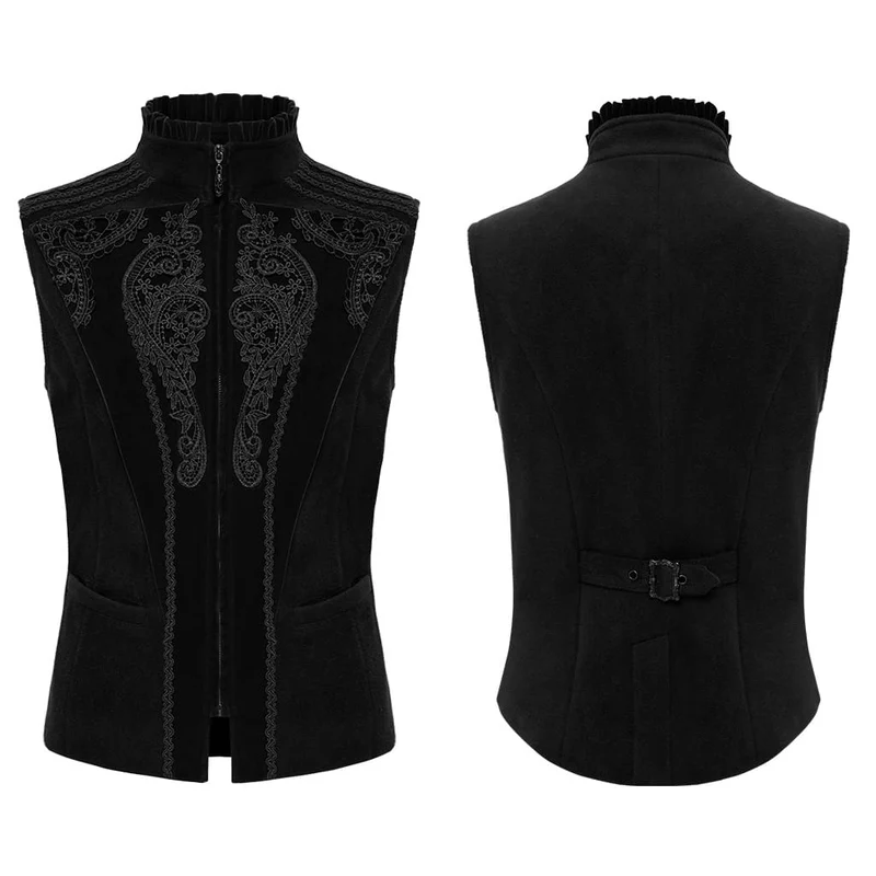 Schwarze Herrenweste im Gothic-Stil mit Spitzenapplikationen, Frontreißverschluss und Stehkragen