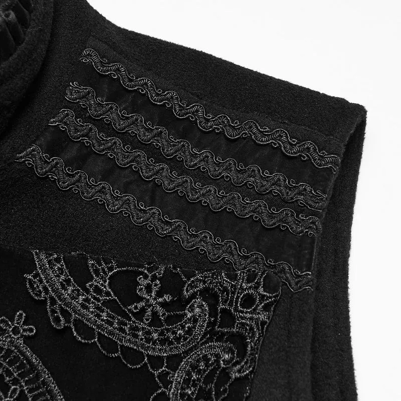 Schwarze Herrenweste im Gothic-Stil mit Spitzenapplikationen, Frontreißverschluss und Stehkragen
