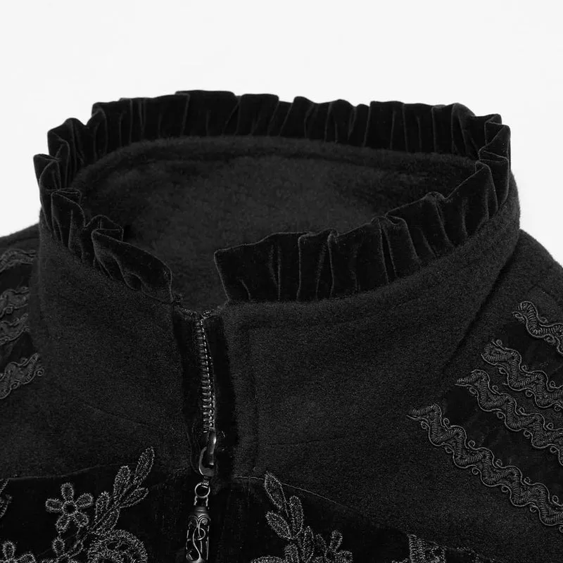 Schwarze Herrenweste im Gothic-Stil mit Spitzenapplikationen, Frontreißverschluss und Stehkragen