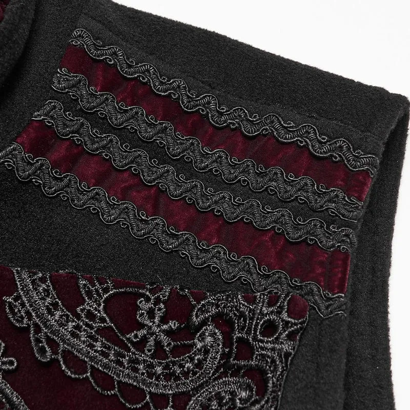 Gothic-Weste für Herren mit Spitzenapplikationen, Frontreißverschluss und Stehkragen, Schwarz-Rot