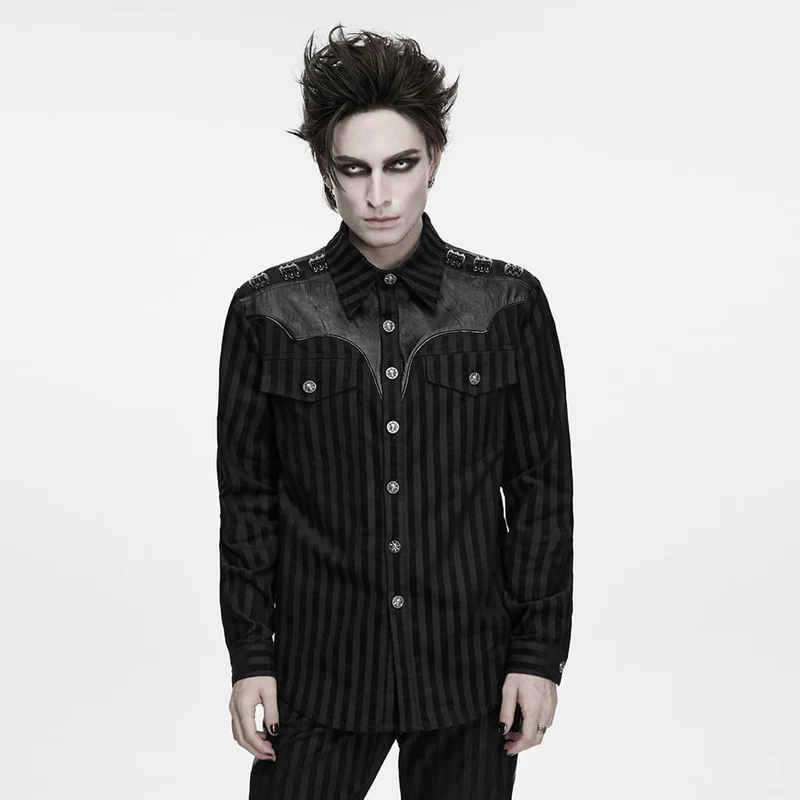Punk-Streifenhemd für Herren mit Kragen und Patchwork-Details, langärmlig