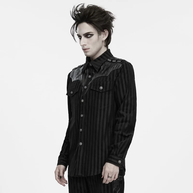 Punk-Streifenhemd für Herren mit Kragen und Patchwork-Details, langärmlig