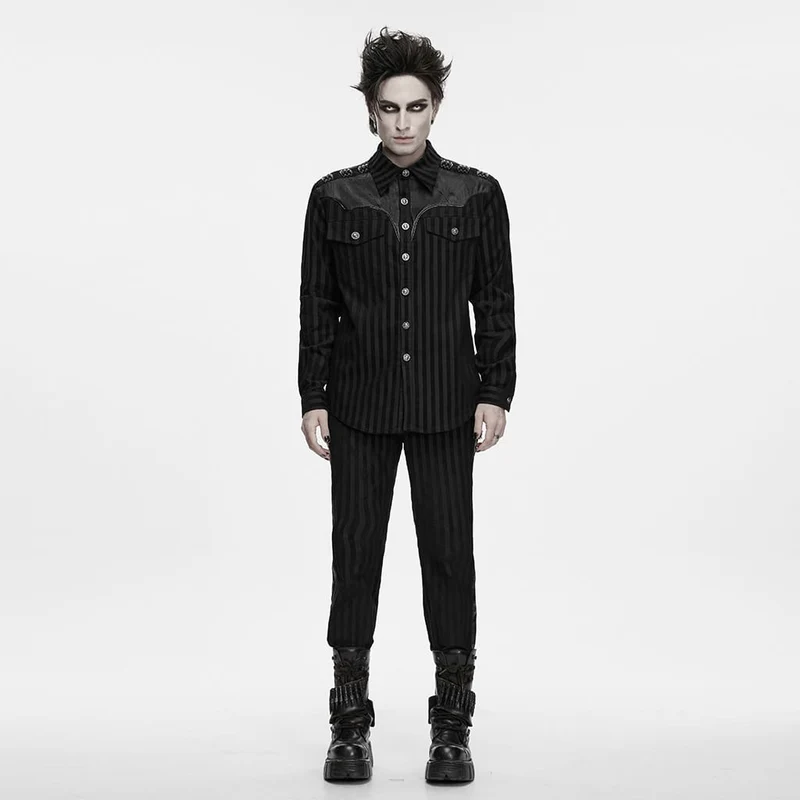 Punk-Streifenhemd für Herren mit Kragen und Patchwork-Details, langärmlig