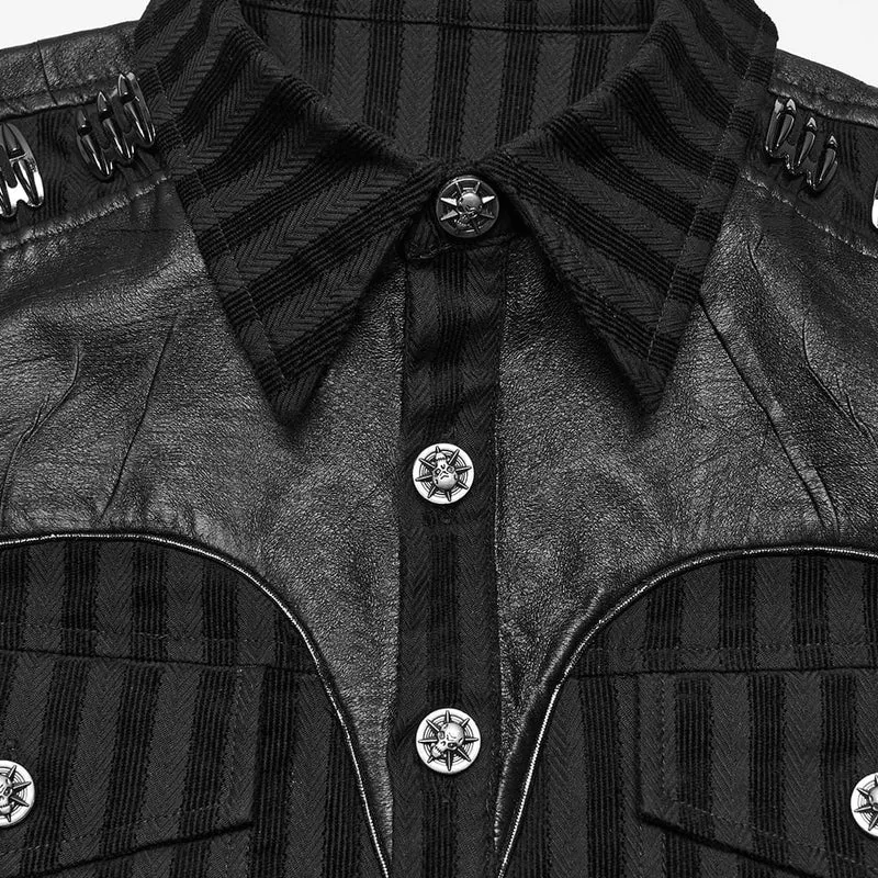 Punk-Streifenhemd für Herren mit Kragen und Patchwork-Details, langärmlig