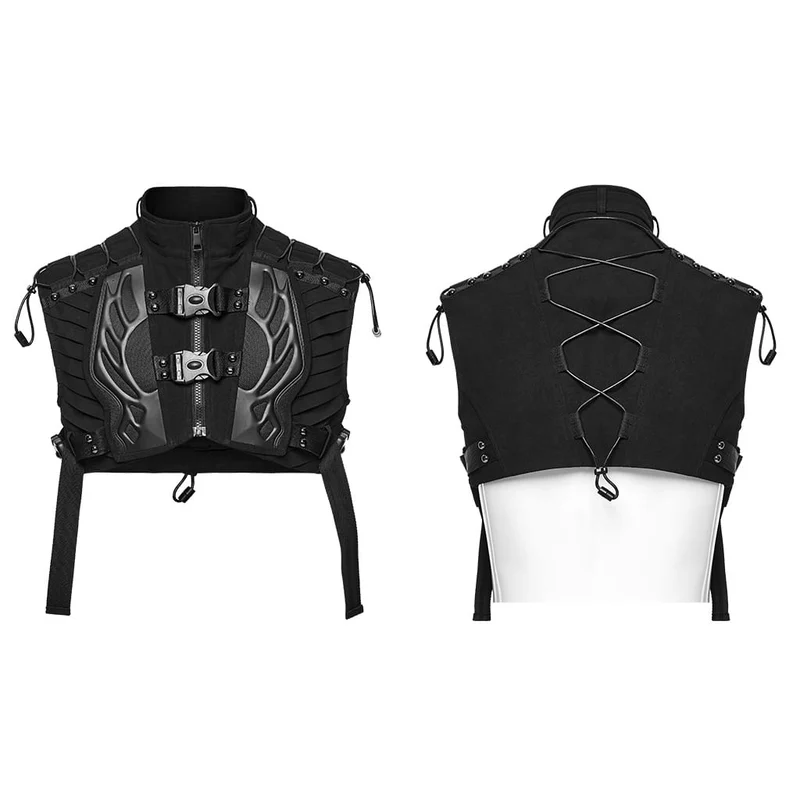 Kurze Herren-Techwear-Weste mit Nieten, Kordelzug und Schnallenverschluss
